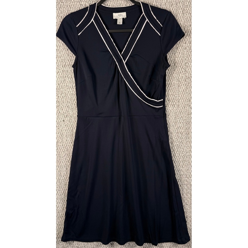 LOFT Faux Wrap Dress 6 Navy Blue White Trim V-Neck Cap Sleeve A-Line Career Mini